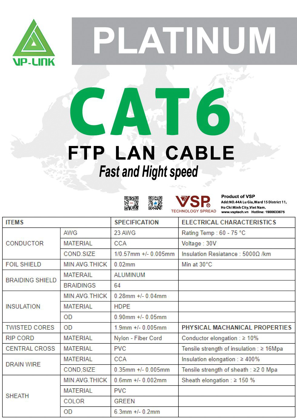 Cáp mạng VP-LINK FTP CAT 6E 305M Platium Xanh Dương ( VSP-0580F)