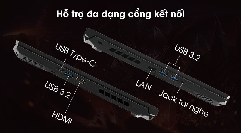 Ngoài ra, laptop Acer còn được trang bị rất đầy đủ các cổng kết nối như HDMI, LAN, USB Type-C, 3 cổng kết nối USB 3.2 giúp bạn dễ dàng truyền dữ liệu trong quá trình làm việc. Bên cạnh đó, để luôn đảm bảo tốc độ đường truyền để bạn tập trung hoàn toàn vào những trận “chiến” game hấp dẫn, Acer đã tích hợp kết nối không dây Wi-Fi 6 AX201 và cả Bluetooth v5.0.