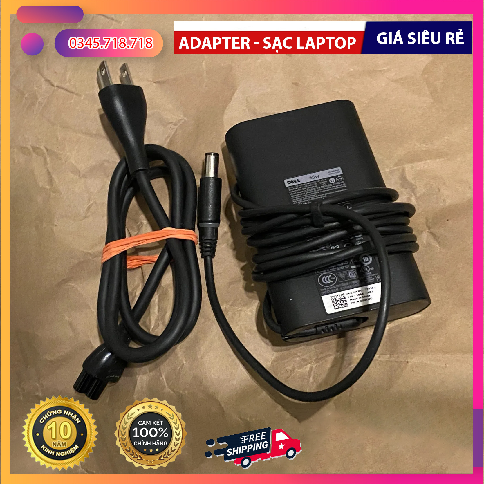 Sạc Laptop Oval Nguyên bản Chính Hãng cho Dell 19.5V 3.34A 65W 7.4mm Kim lớn (Bộ)