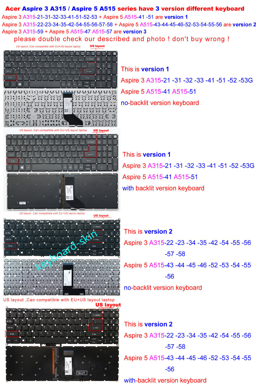 Bàn phím US cho Acer Aspire 3 A315-23-34-35 A315-42 A315-54-54G-55 -56-57 A315-58