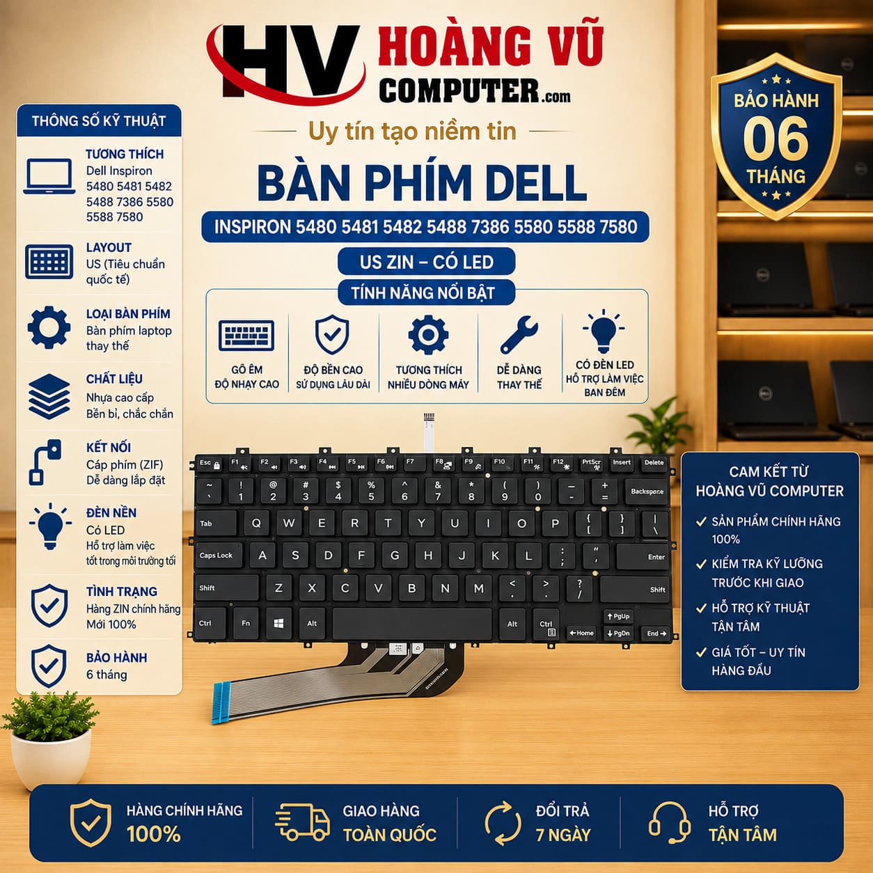 Bàn phím Dell Inspiron 5480 5481 5482 5488 7386 5580 5588 7580 US Zin Có Led - hình ảnh sản phẩm