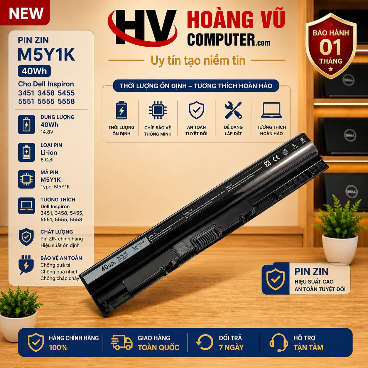 Pin Dell M5Y1K 40Wh Cho Inspiron 3451 3458 5455 5551 5555 5558 Zin - Hoàng Vũ Computer