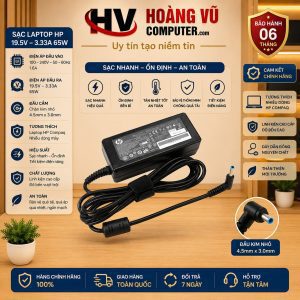 Sạc laptop HP 19.5V 3.33A 65W chân kim nhỏ 4.5mm x 3.0mm chất lượng cao, tương thích nhiều dòng HP ProBook, EliteBook, Pavilion tại Hoàng Vũ Computer.