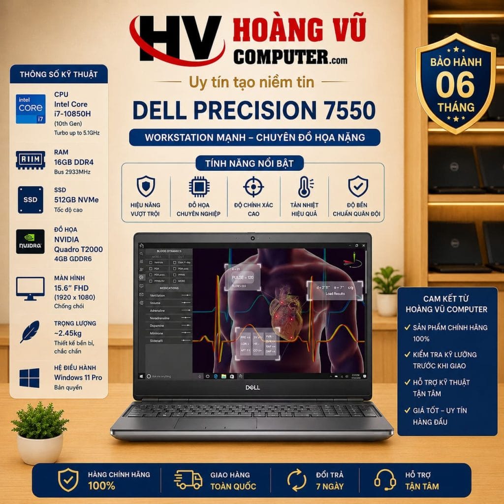 Dell Precision 7550 Core i7-10850H Ram 16GB SSD 512GB VGA Quadro T2000 4GB Màn 15.6 FHD