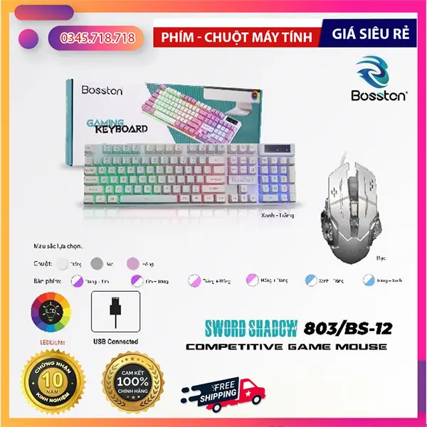Bộ Bàn Phím Chuột Bosston 803 Trắng Xanh - Bộ