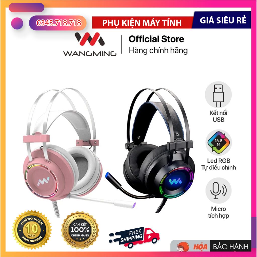 Ảnh thực tế Tai nghe WANGMING WM 9800 Gaming – Âm Thanh Vòm 7.1, LED RGB, USB, Màu Đen & Hồng Thời Trang