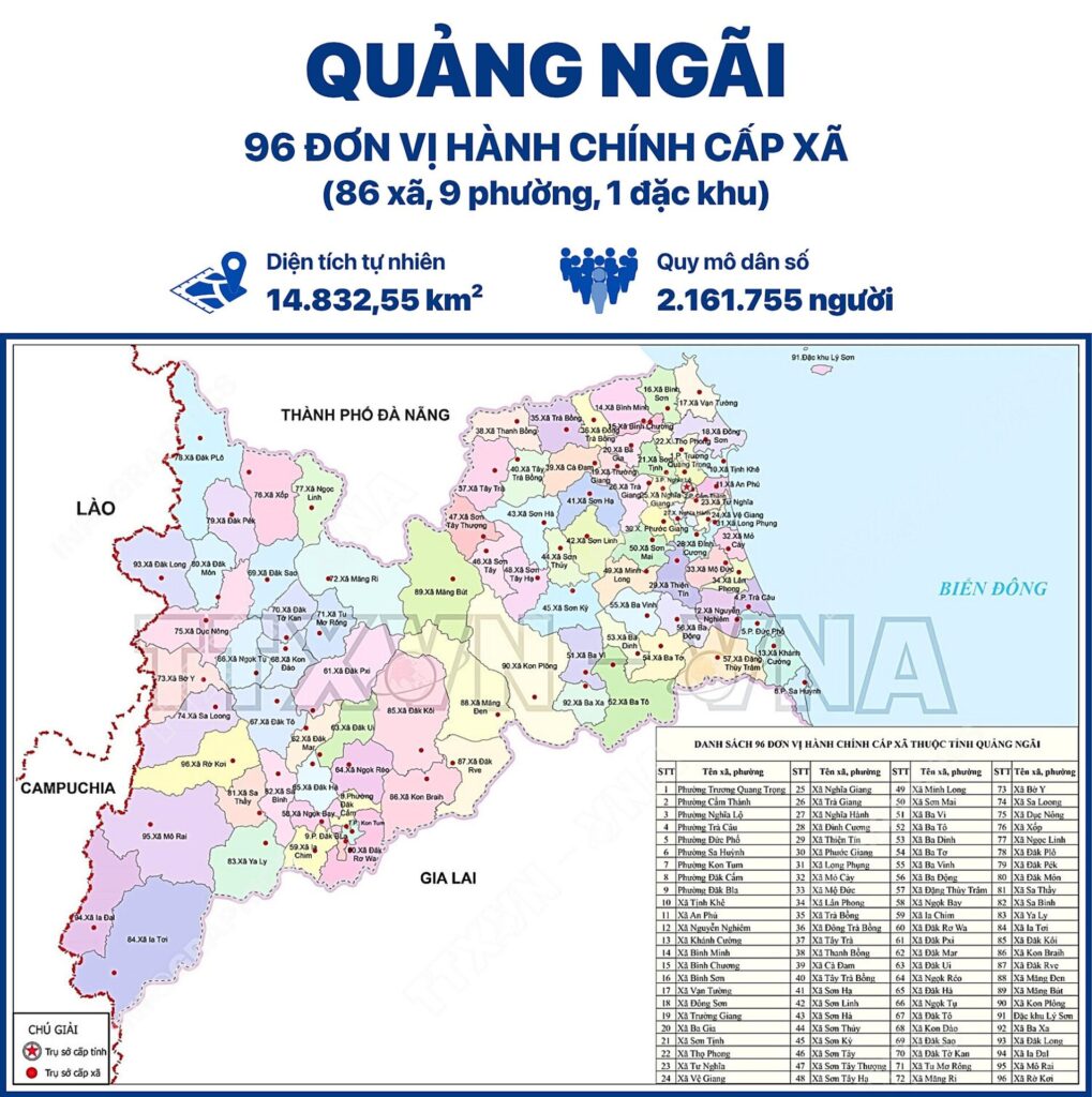 96 đơn vị hành chính cấp xã của tỉnh Quảng Ngãi sau hợp nhất là những xã nào?