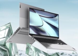 Lenovo laptop with blue screen display.