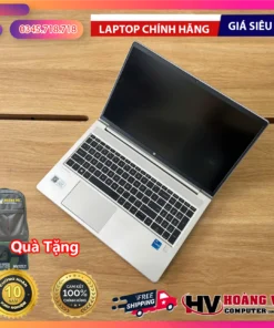 Silver laptop with promotional background