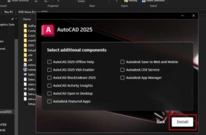 AutoCAD 2025 installation options displayed.