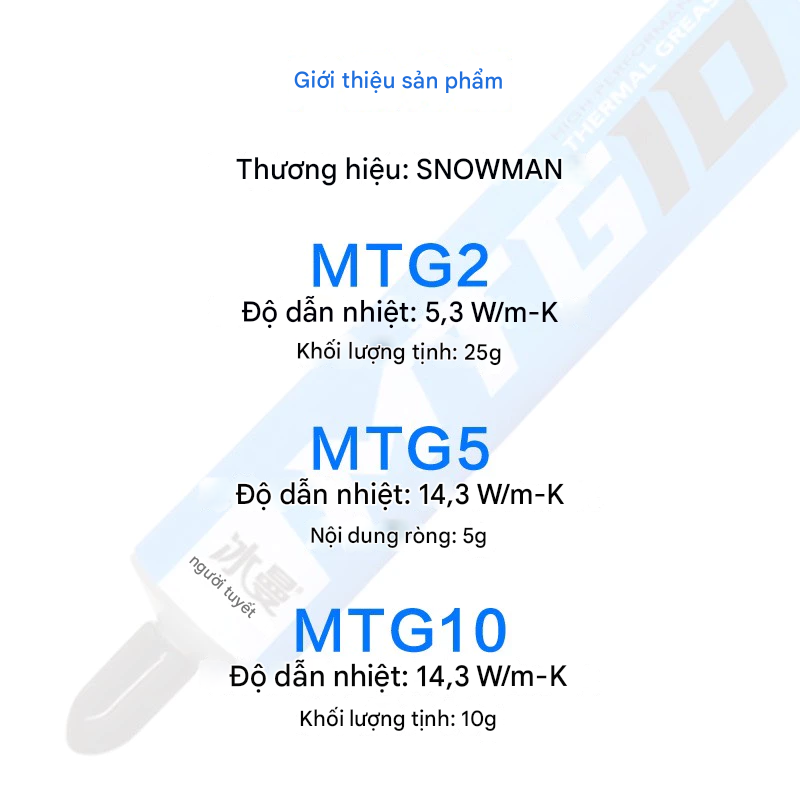 Keo tản nhiệt CPU Snowman MTG10 10g – dẫn nhiệt 14.3W/m·K, hàng fullbox, dễ tra, tản nhiệt hiệu quả. Mua uy tín tại Hoàng Vũ Computer.