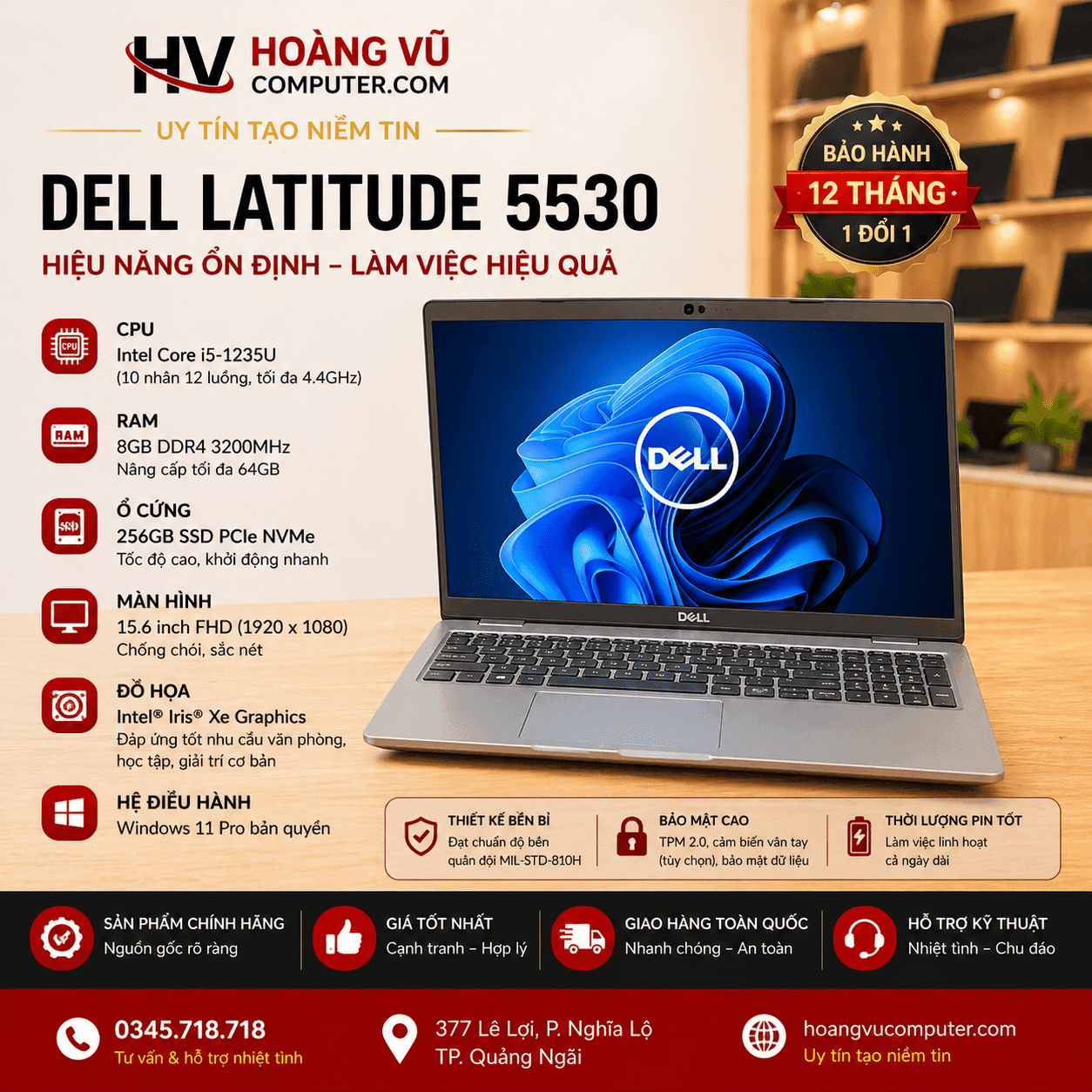 Dell Latitude 5530 i5-1235U laptop Quảng Ngãi – màn lớn 15.6 inch, bền bỉ, phù hợp văn phòng, kế toán. Giá tốt tại Hoàng Vũ Computer.