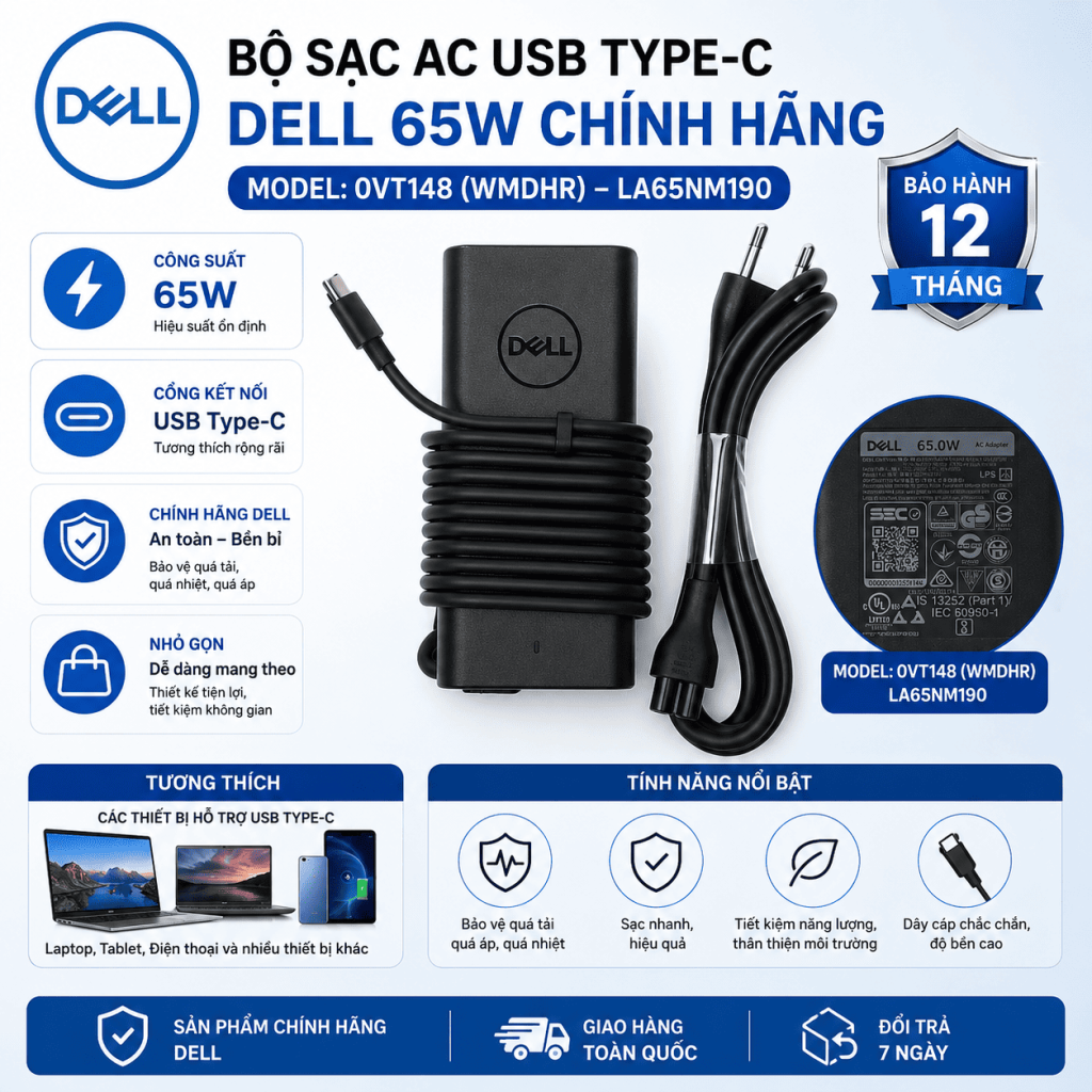 Bộ sạc nguồn AC USB Type-C 65W chính hãng của Dell dành cho model 0VT148 WMDHR LA65NM190 - Hoàng Vũ Computer
