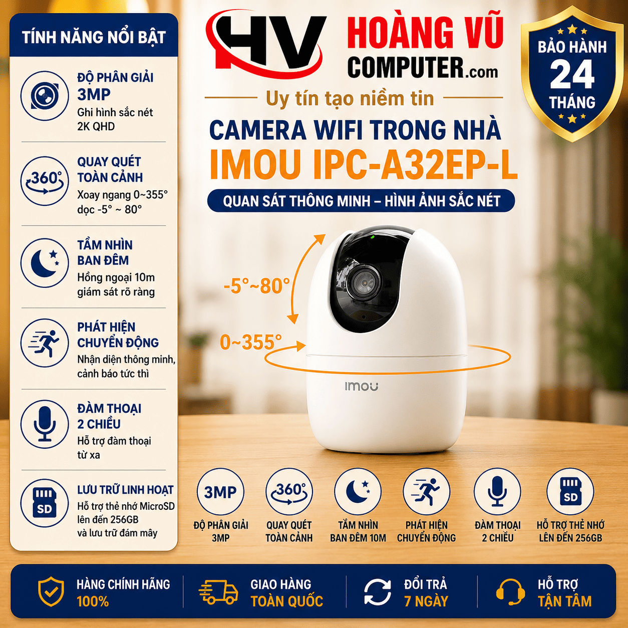 Camera wifi trong nhà quay quét 3MP IMOU IPC-A32EP-L - Hoàng Vũ Computer