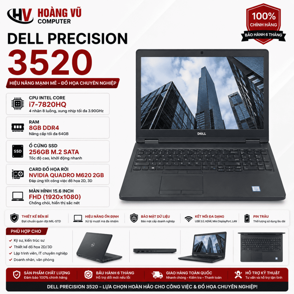 Ảnh tổng thể Dell Precision 3520 i7-7820HQ | RAM 8GB | SSD 256GB | Quadro M620 2GB | 15.6 FHD