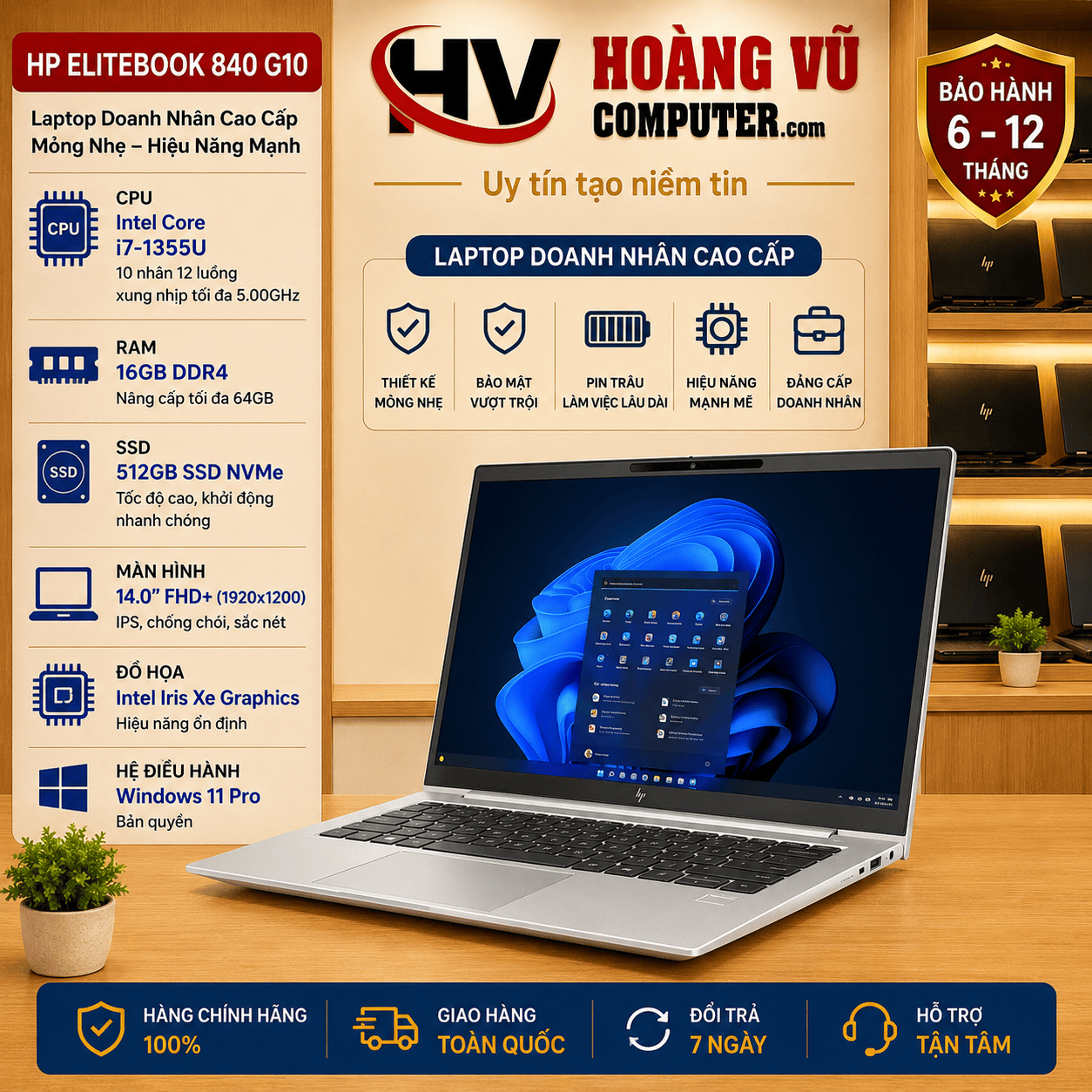HP EliteBook 840 G10 Core i7-1355U | RAM 16GB | SSD 512GB NVMe | Màn 14.0 FHD+ - Hoàng Vũ Computer