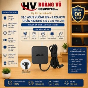 Sạc Asus Vuông 19V - 3.42A 65W Chân kim nhỏ 4.5 x 3.0 mm Zin - Hoàng Vũ Computer