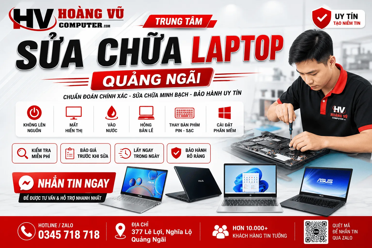 Laptop repair service advertisement in Quang Ngai