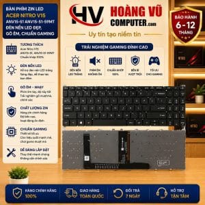 Bàn phím ZIN LED Acer Nitro V15 ANV15-51 ANV15-51-59MT chất lượng cao, đèn nền LED đẹp, gõ êm, chuẩn gaming. Có bán tại Hoàng Vũ Computer Quảng Ngãi.