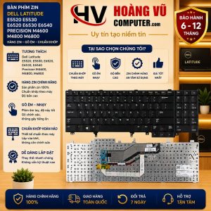 Bàn phím Dell Latitude E5520, E5530, E6520, E6530, E6540, Precision M4600, M4800, M6800 hàng ZIN chất lượng cao, gõ êm, chuẩn khớp theo máy tại Hoàng Vũ Computer Quảng Ngãi.