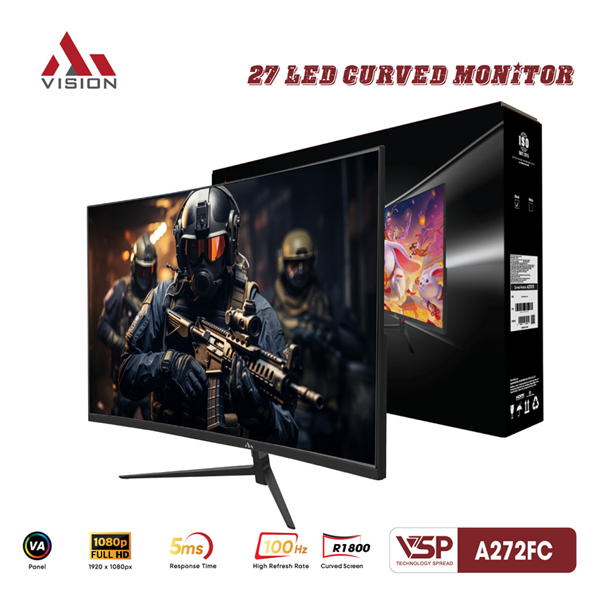 Màn hình cong Aivision A272FC 27 inch Full HD, tấm nền VA, tần số quét 100Hz, thời gian phản hồi 5ms. Phù hợp văn phòng, giải trí và gaming tại Hoàng Vũ Computer.