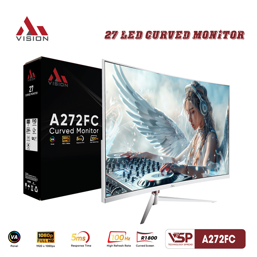 Màn hình cong Aivision A272FC 27 inch Full HD, tấm nền VA, tần số quét 100Hz, thời gian phản hồi 5ms. Phù hợp văn phòng, giải trí và gaming tại Hoàng Vũ Computer.