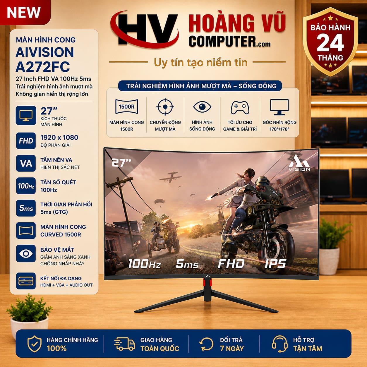 Màn hình cong Aivision A272FC 27 inch Full HD, tấm nền VA, tần số quét 100Hz, thời gian phản hồi 5ms. Phù hợp văn phòng, giải trí và gaming tại Hoàng Vũ Computer.