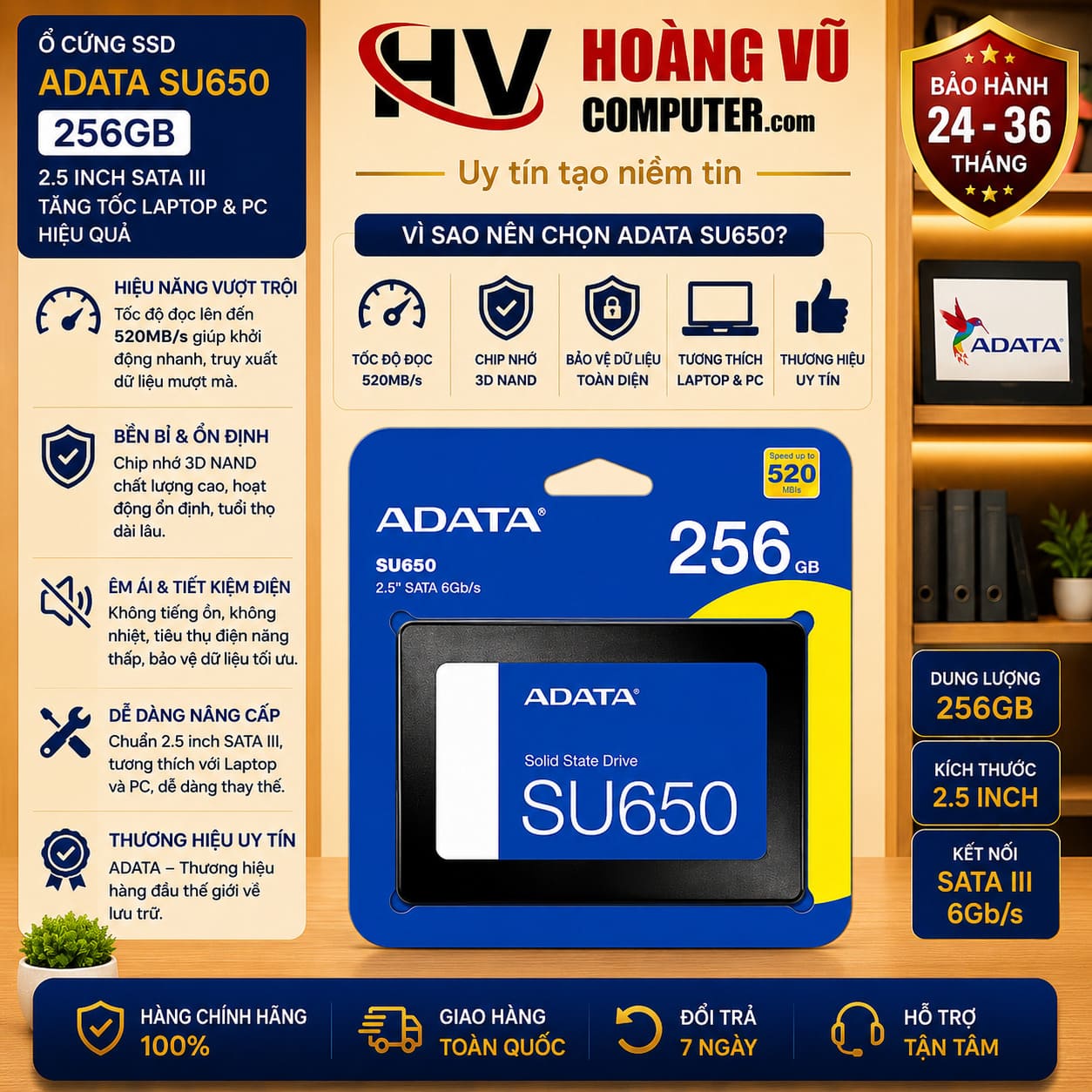 SSD ADATA SU650 256GB 2.5 inch SATA III sử dụng công nghệ 3D NAND, tốc độ đọc 520MB/s, ghi 450MB/s. Nâng cấp laptop và PC hiệu quả tại Hoàng Vũ Computer Quảng Ngãi.