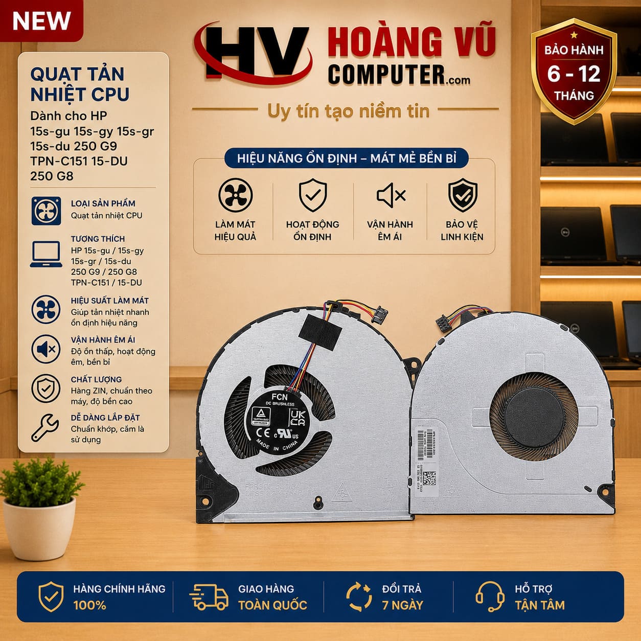 Quạt tản nhiệt CPU cho HP 15s-gu, 15s-gy, 15s-gr, 15s-du, HP 250 G8, HP 250 G9 TPN-C151 chất lượng cao, làm mát hiệu quả tại Hoàng Vũ Computer Quảng Ngãi.