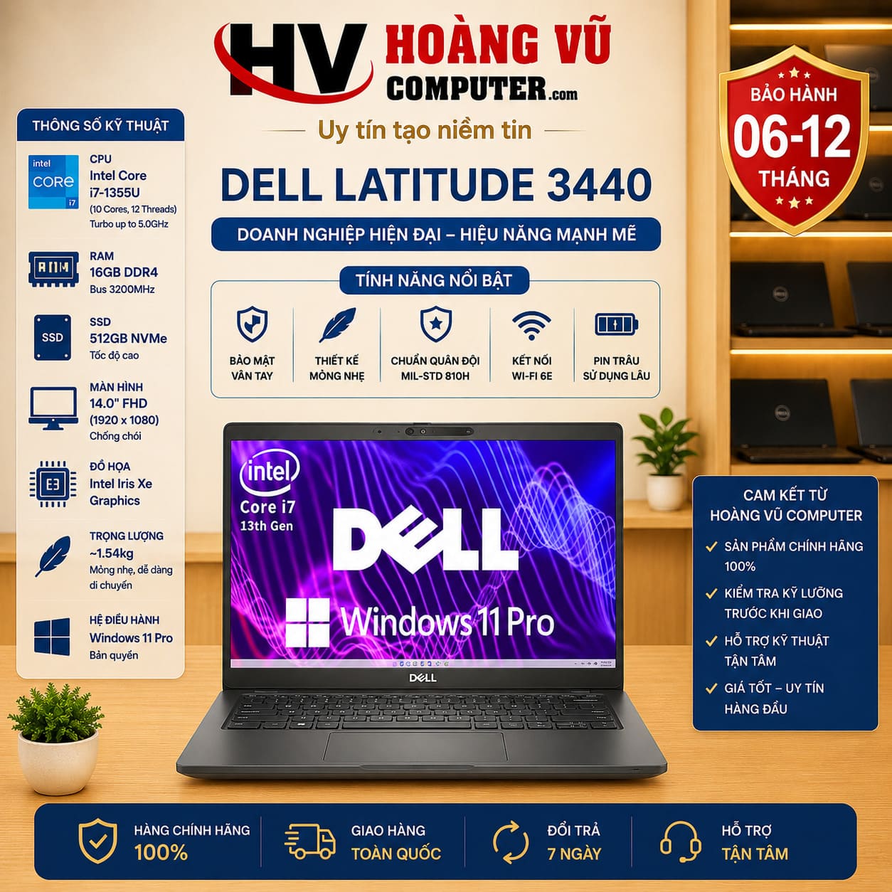 Dell Latitude 3440 Core i7-1355U, RAM 16GB, SSD NVMe 512GB, màn hình 14 inch Full HD. Laptop doanh nghiệp mạnh mẽ, phù hợp văn phòng và học tập.