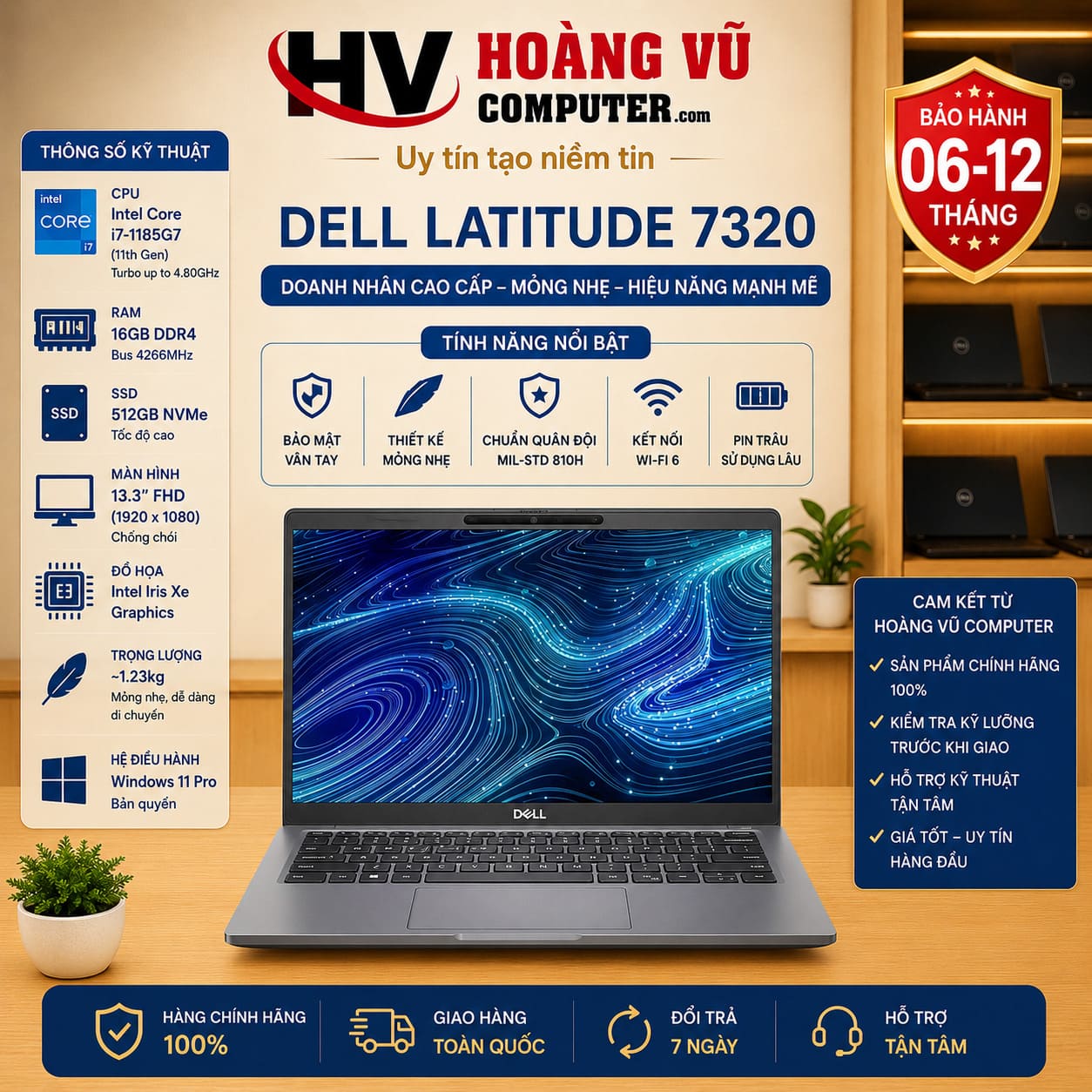 Dell Latitude 7320 i7-1185G7, RAM 16GB, SSD 512GB, màn hình 13.3 inch Full HD. Laptop doanh nhân siêu nhẹ, hiệu năng mạnh mẽ, phù hợp văn phòng và làm việc di động.
