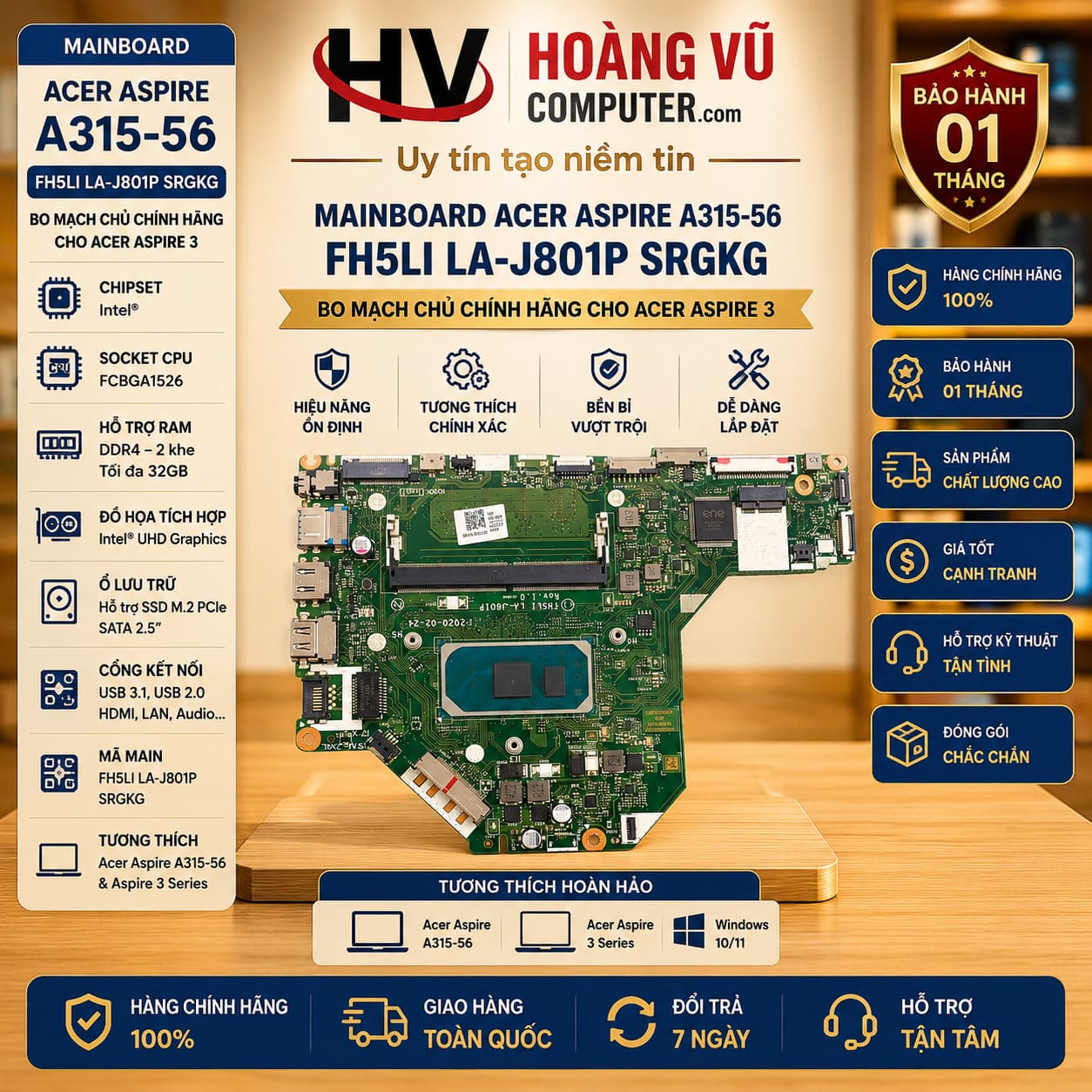 Mainboard Acer Aspire A315-56 FH5LI LA-J801P SRGKG chính hãng, dùng chung A315-54, hỗ trợ sửa chữa laptop không lên nguồn, mất hình, lỗi mainboard.
