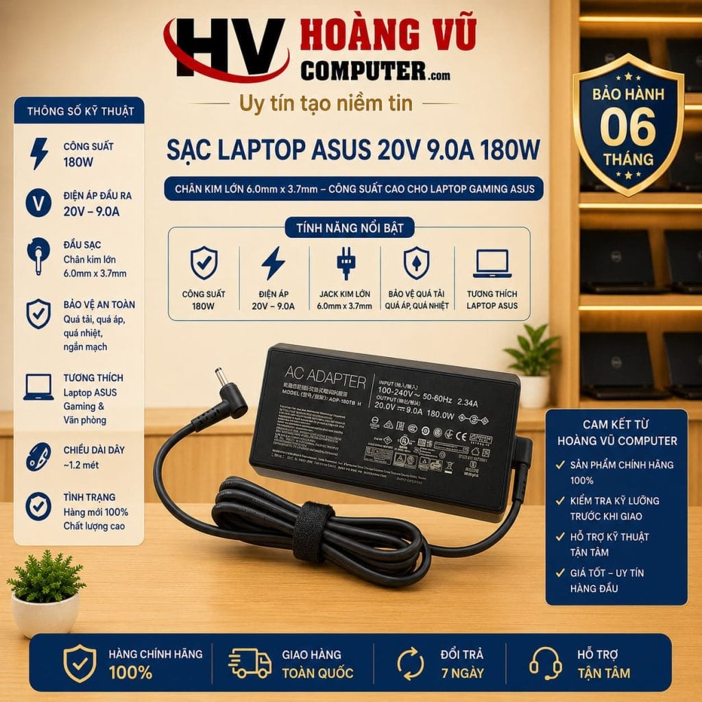 Sạc Laptop Asus 20V - 9.0A 180W Chân kim lớn 6.0mm*3.7mm