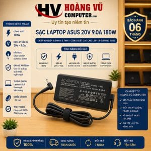 Sạc Laptop Asus 20V - 9.0A 180W Chân kim lớn 6.0mm*3.7mm - Hoàng Vũ Computer