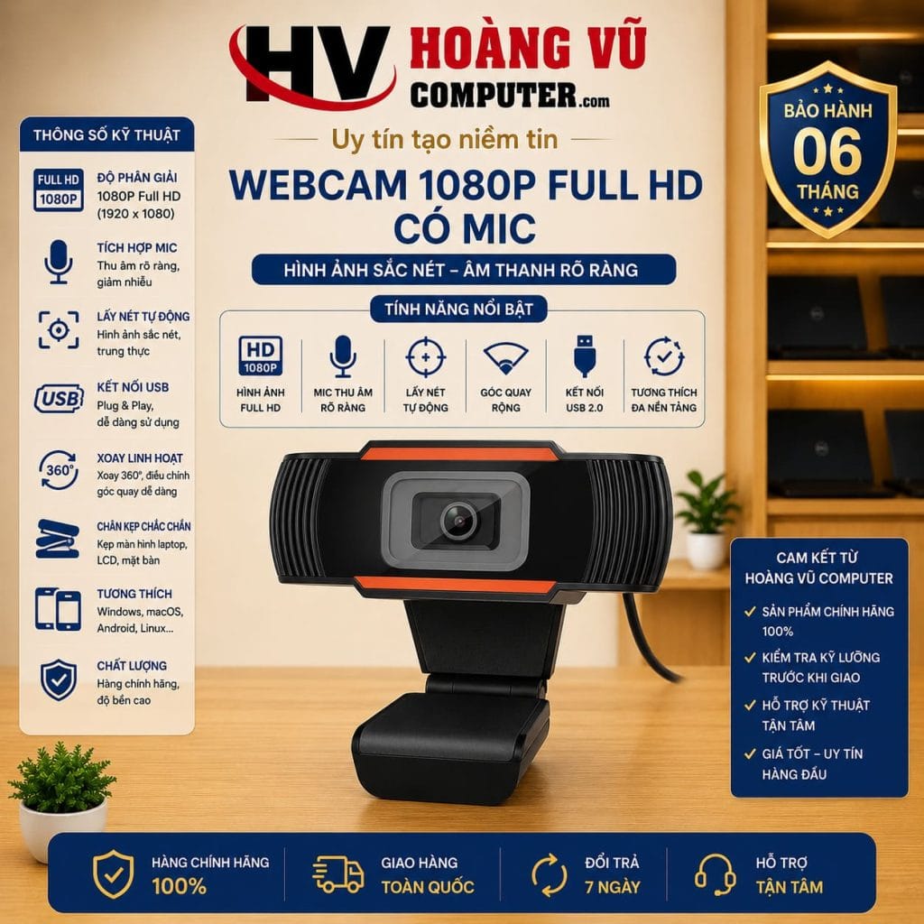 Webcam Chân Kẹp 1080P Full HD Có Mic - Hình siêu nét - Webcam Máy Tính