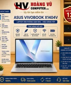 ASUS VivoBook X1404V Core 5 120U 10 nhân 12 luồng, RAM 8GB, SSD 256GB, màn hình 14 inch Full HD, Windows 11. Laptop gọn nhẹ cho học tập và văn phòng.