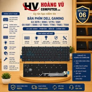 Bàn phím Dell Gaming 7566, 7588, G3 3500 3579 3590 3779 3581, G5 5587 5590, G7 7590 7790 chuẩn US có LED xanh. Bàn phím thay thế chất lượng cao.