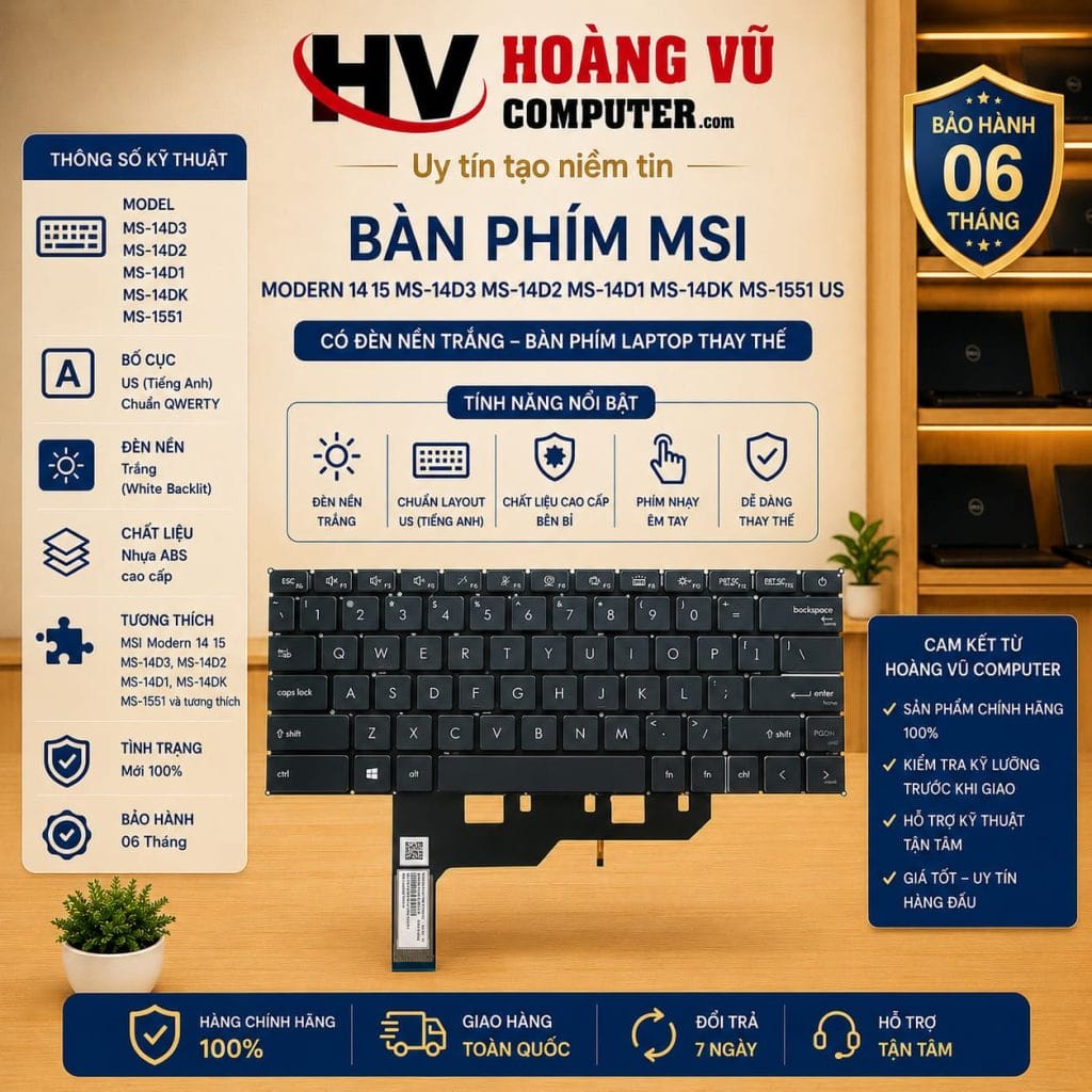 Bàn Phím MSI Modern 14 15 MS-14D3 14D2 14D1 14DK MS-1551 US LED Trắng