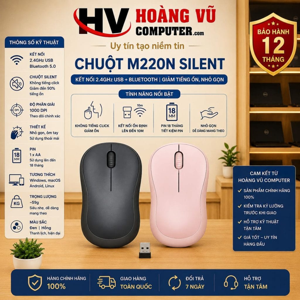 Chuột M220N Silent Không Dây 2.4GHz USB + Bluetooth | Giảm Tiếng Ồn