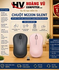 Chuột M220N Silent hỗ trợ kết nối kép Wireless 2.4GHz USB Receiver và Bluetooth, giảm tiếng ồn khi click, thiết kế nhỏ gọn cho laptop, PC và văn phòng.