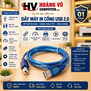 Dây máy in USB 2.0, đầu USB-A sang USB-B, dùng kết nối PC/laptop với máy in Canon, HP, Brother, Epson, Samsung có cổng USB-B. Gọn, dễ sử dụng, phù hợp văn phòng.