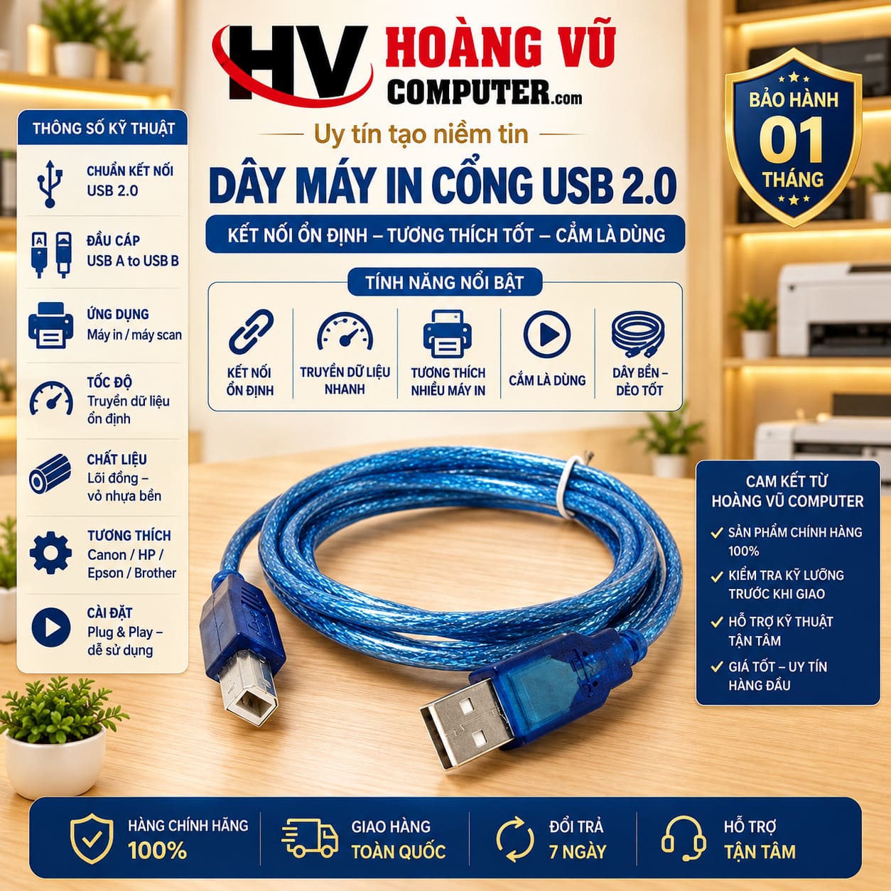 Dây máy in USB 2.0, đầu USB-A sang USB-B, dùng kết nối PC/laptop với máy in Canon, HP, Brother, Epson, Samsung có cổng USB-B. Gọn, dễ sử dụng, phù hợp văn phòng.