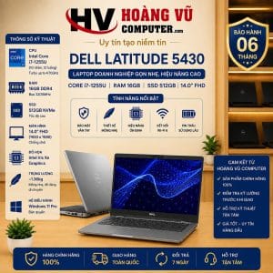 Dell Latitude 5430 Core i7-1255U 10 nhân 12 luồng, RAM 16GB, SSD NVMe 512GB, màn hình 14 inch FHD. Laptop doanh nghiệp gọn nhẹ cho văn phòng, kế toán, lập trình và học tập.