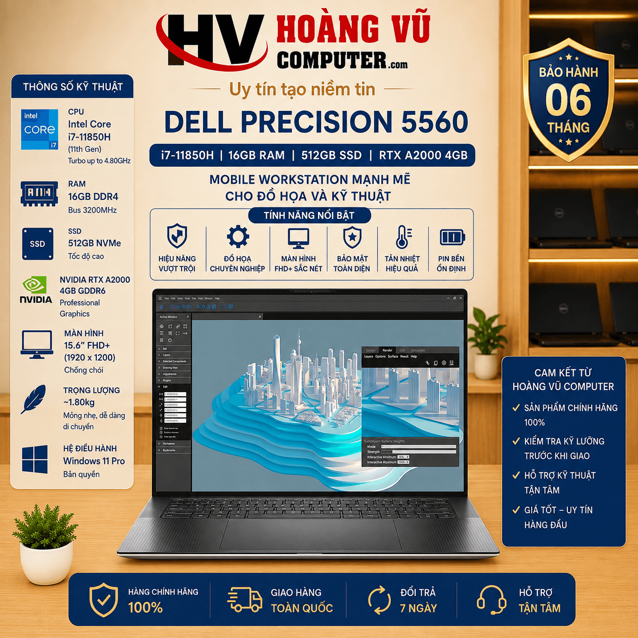 Dell Precision 5560 Core i7-11850H, RAM 16GB, SSD 512GB, NVIDIA RTX A2000 4GB, màn hình 15.6 inch FHD+ 1920x1200, workstation mạnh cho kỹ thuật và đồ họa.