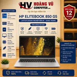 HP EliteBook 850 G5 Core i5-8350U 4 nhân 8 luồng, RAM 8GB, SSD 256GB, màn hình 15.6 inch FHD, vỏ nhôm bạc. Laptop doanh nghiệp bền đẹp, phù hợp văn phòng và kế toán.
