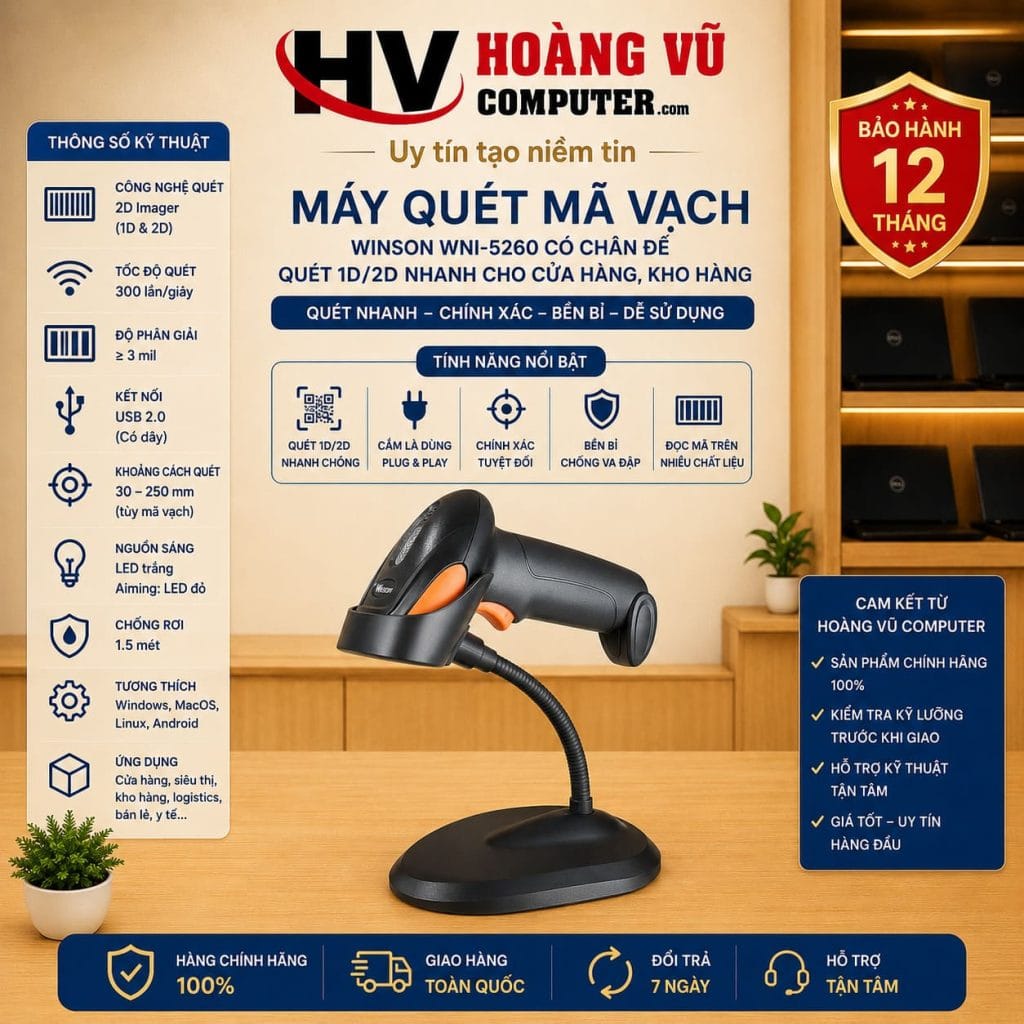 Máy Quét Mã Vạch 2D Winson WNI-5260 Có Chân Đế | Quét 1D 2D
