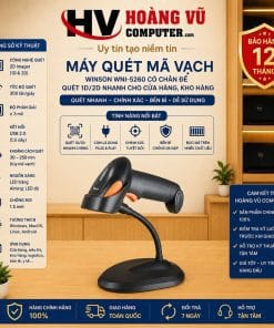 Máy quét mã vạch cầm tay 2D Winson WNI-5260 có chân đế, hỗ trợ quét mã 1D/2D, QR Code tương thích. Phù hợp cửa hàng, thu ngân, POS và quản lý kho.