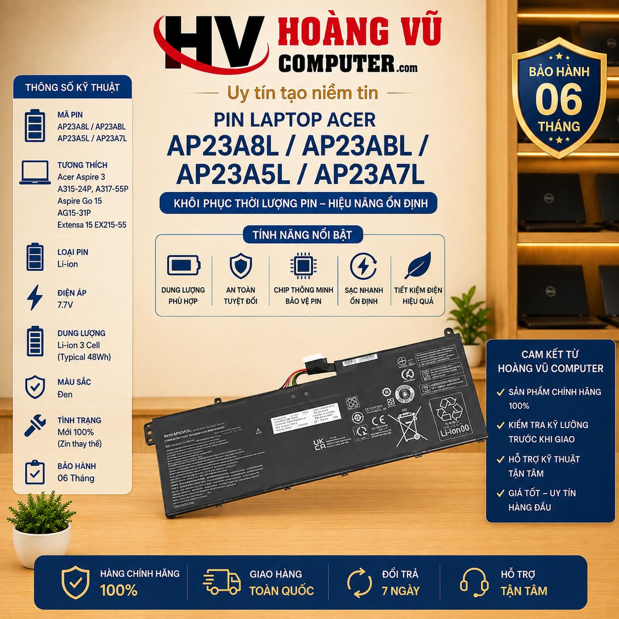 Pin AP23A8L AP23ABL AP23A5L AP23A7L Acer Aspire 3 A315-24P A317-55P Go 15 AG15-31P - Hoàng Vũ Computer
