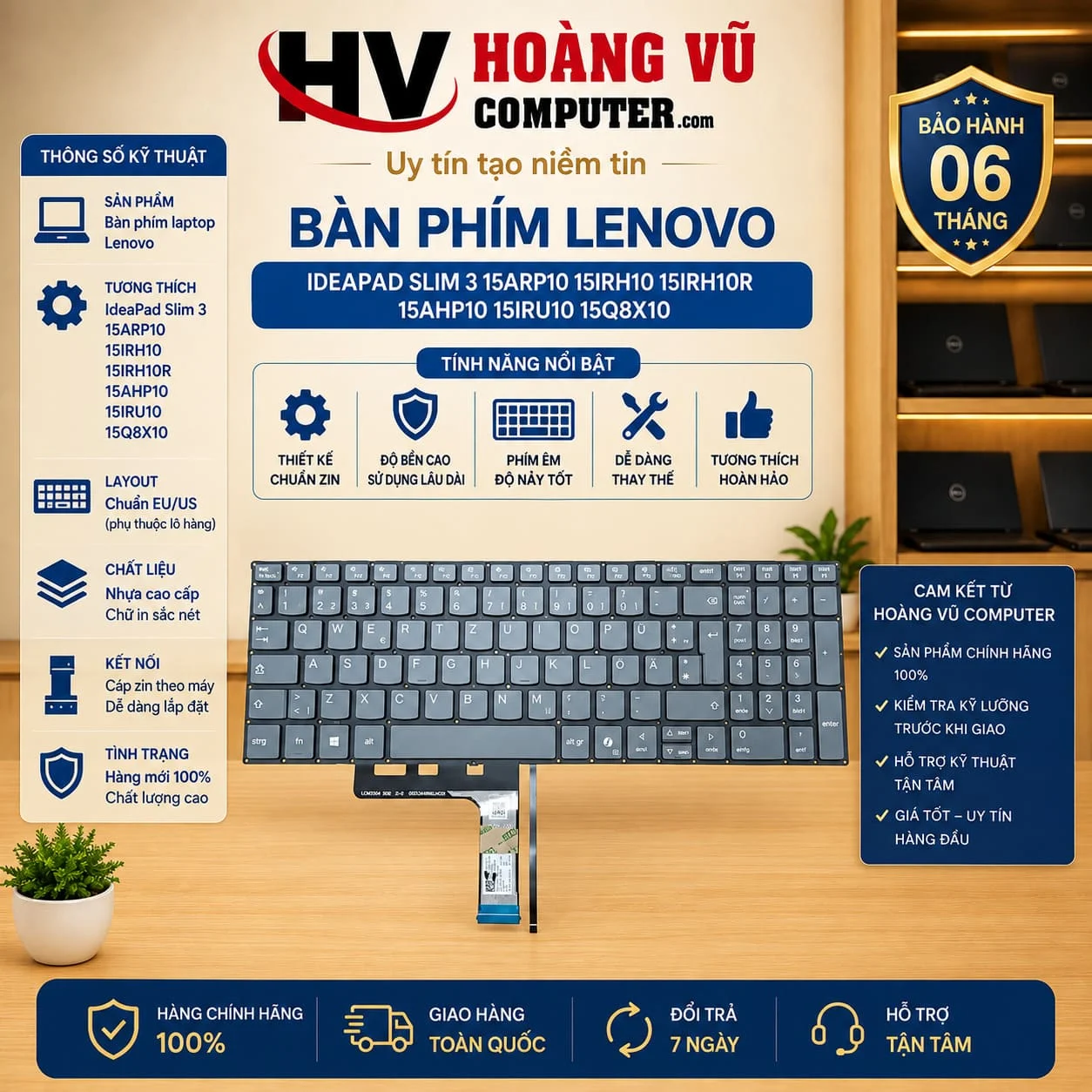 Bàn phím Lenovo IdeaPad Slim 3 15ARP10, 15IRH10, 15IRH10R, 15AHP10, 15IRU10, 15Q8X10. Dùng thay bàn phím Lenovo bị liệt, chạm, kẹt, mất phím hoặc hư do chất lỏng.