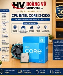 CPU Intel Core i3-12100 Gen 12 Alder Lake, 4 nhân 8 luồng, 3.3GHz, Turbo 4.3GHz, cache 12MB, LGA1700, Intel UHD 730. Phù hợp PC văn phòng, học tập và gaming phổ thông.